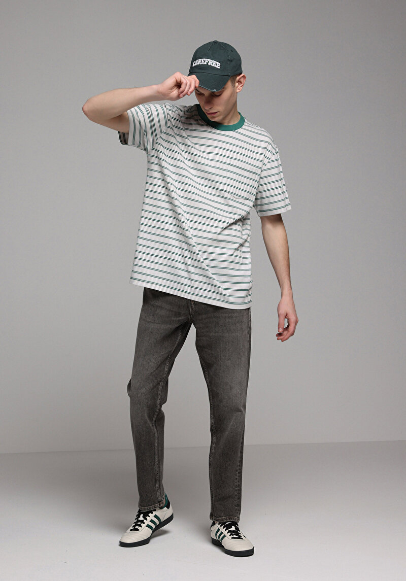 Comfort Fit Yuvarlak Yaka Çizgili Erkek Yeşil Kısa Kol Tişört