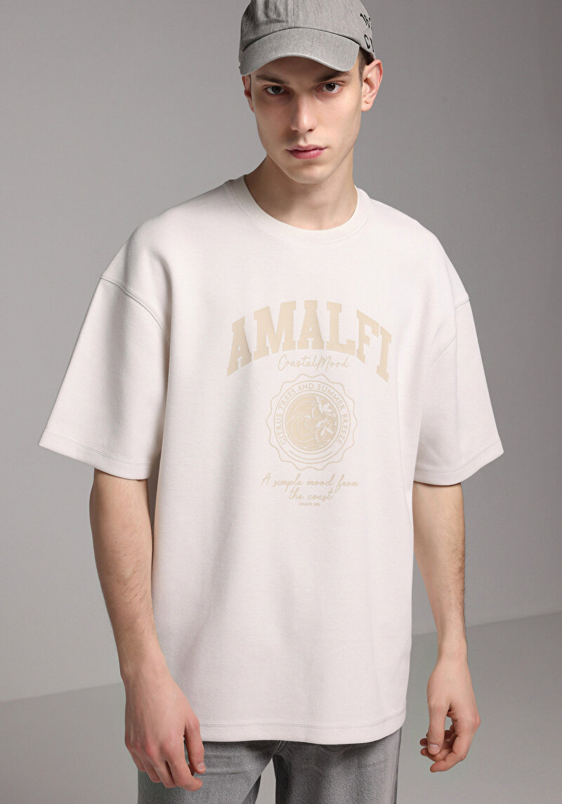 Oversize Fit Yuvarlak Yaka Düz Erkek Bej Kısa Kol Tişört