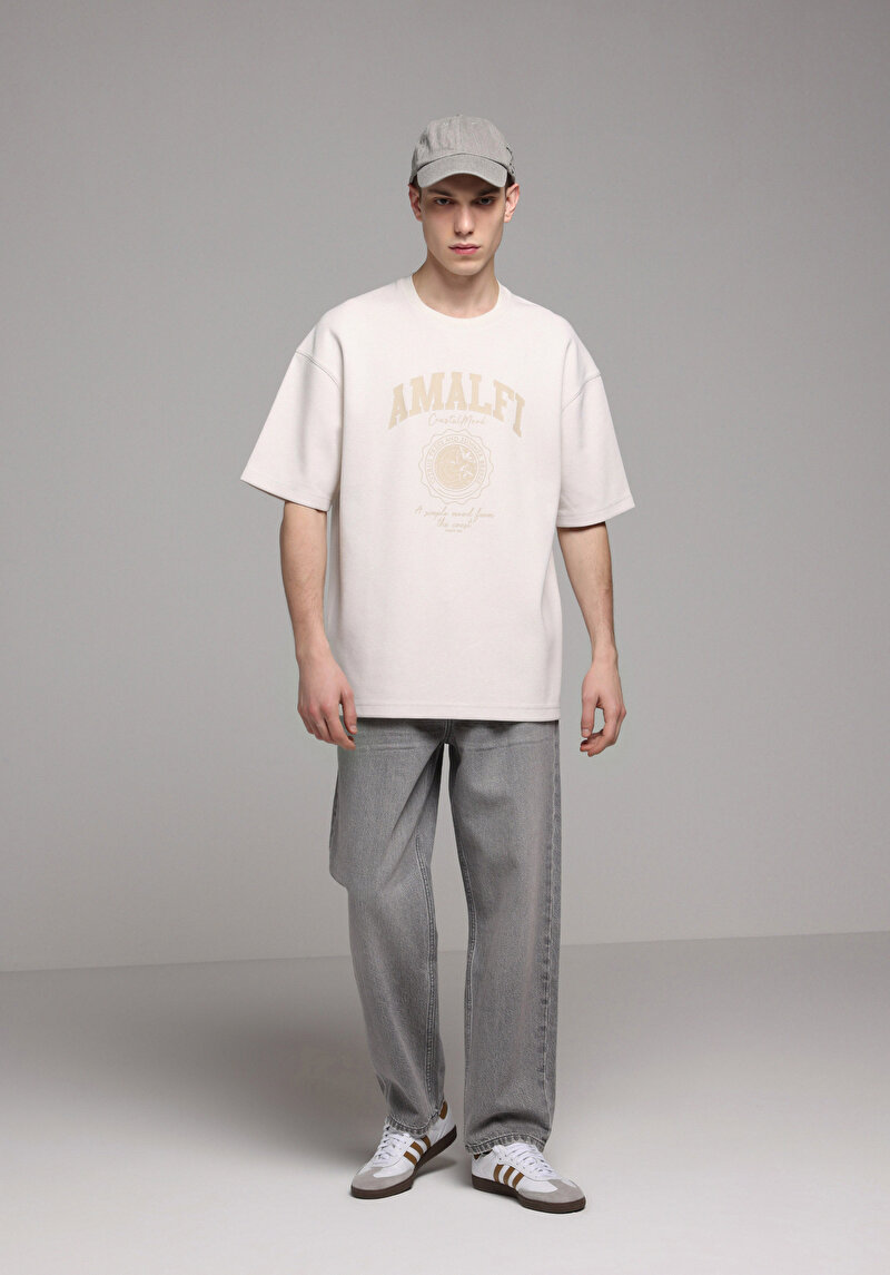 Oversize Fit Yuvarlak Yaka Düz Erkek Bej Kısa Kol Tişört