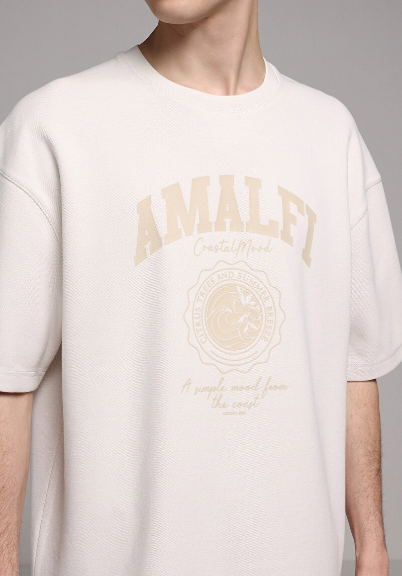 Oversize Fit Yuvarlak Yaka Düz Erkek Bej Kısa Kol Tişört