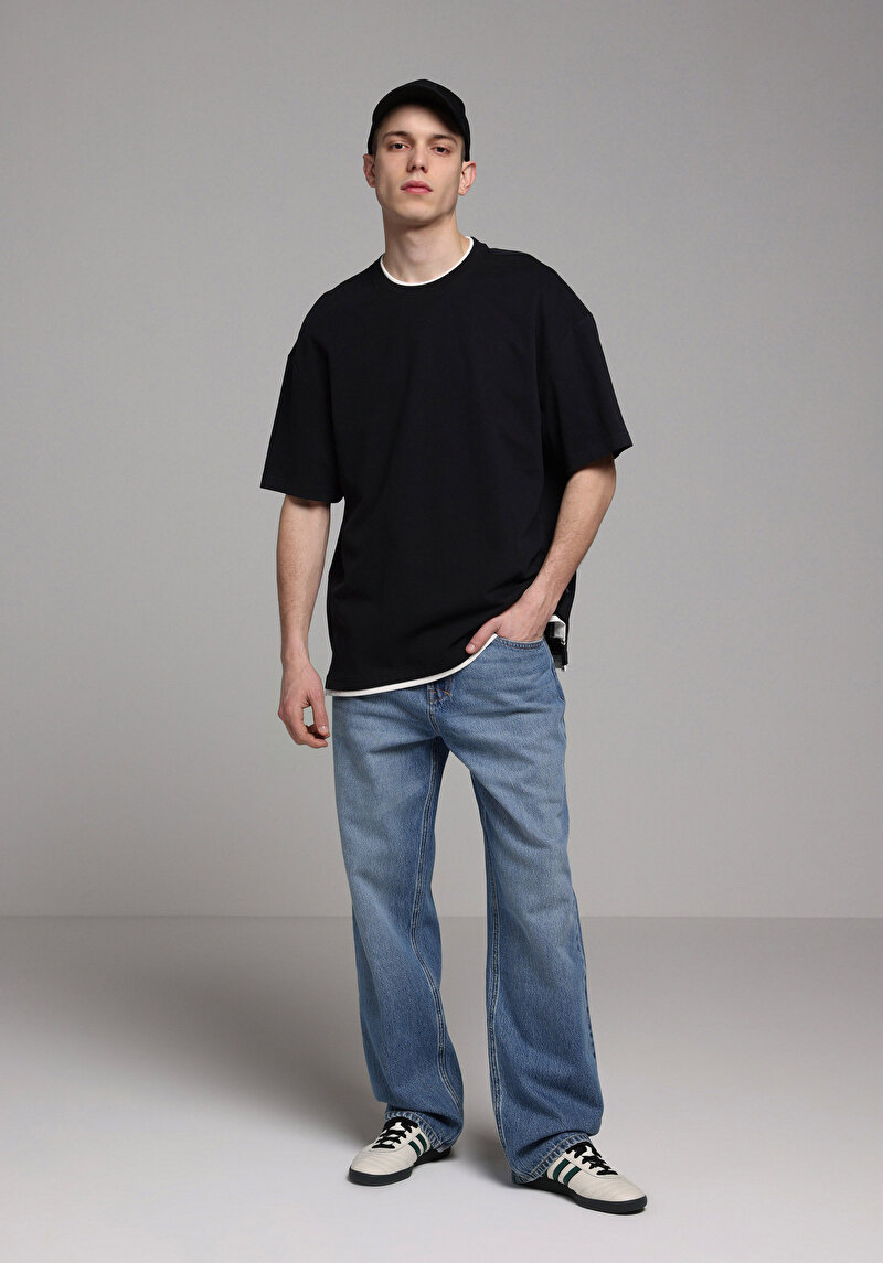 Oversize Fit Yuvarlak Yaka Düz Erkek Siyah Kısa Kol Tişört