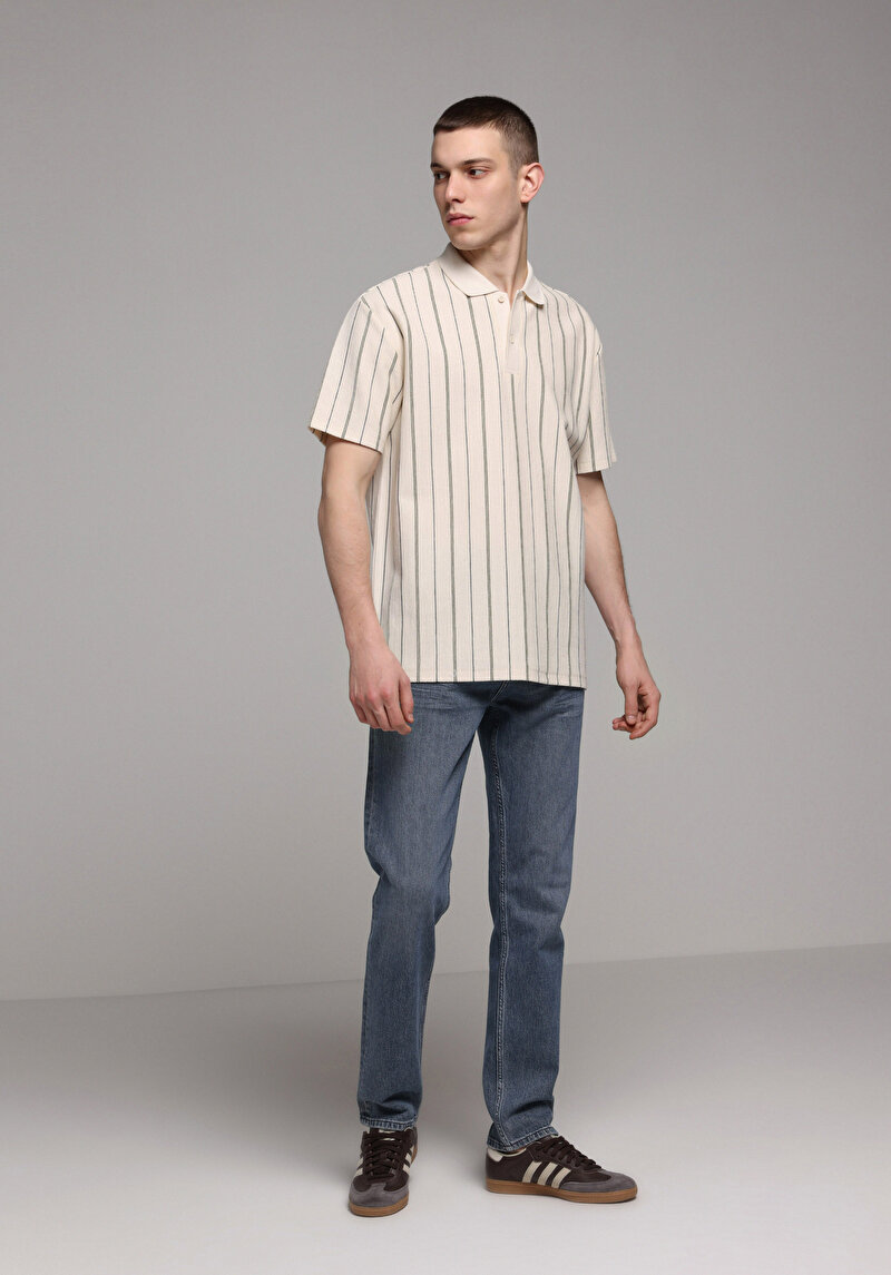 Comfort Fit Polo Yaka Çizgili Erkek Ekru Kısa Kol Tişört