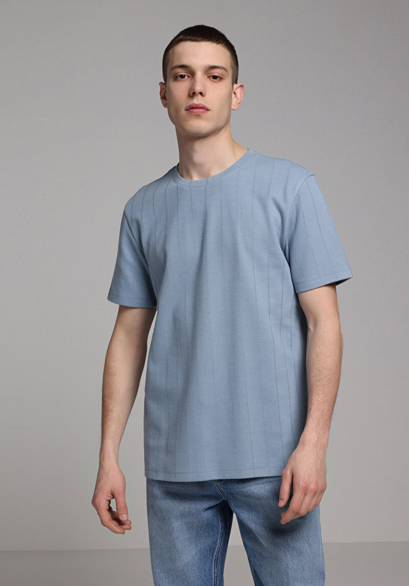 Regular Fit Yuvarlak Yaka Düz Erkek Mavi Kısa Kol Tişört
