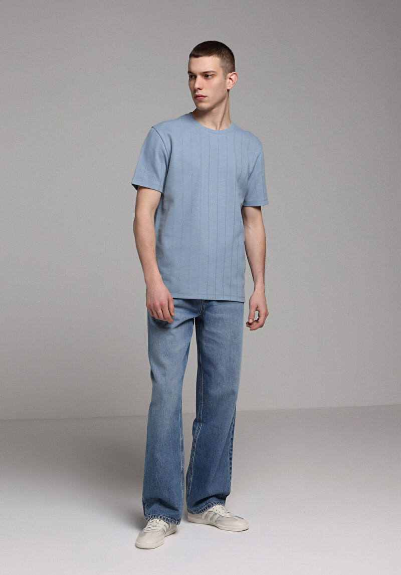 Regular Fit Yuvarlak Yaka Düz Erkek Mavi Kısa Kol Tişört