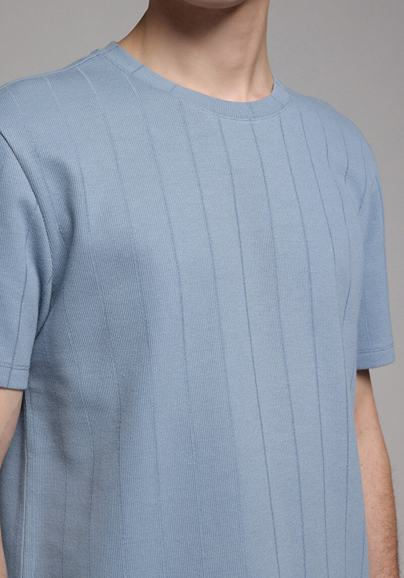 Regular Fit Yuvarlak Yaka Düz Erkek Mavi Kısa Kol Tişört