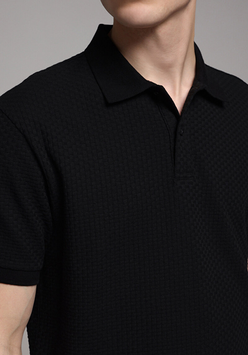 Regular Fit Polo Yaka Düz Erkek Siyah Kısa Kol Tişört