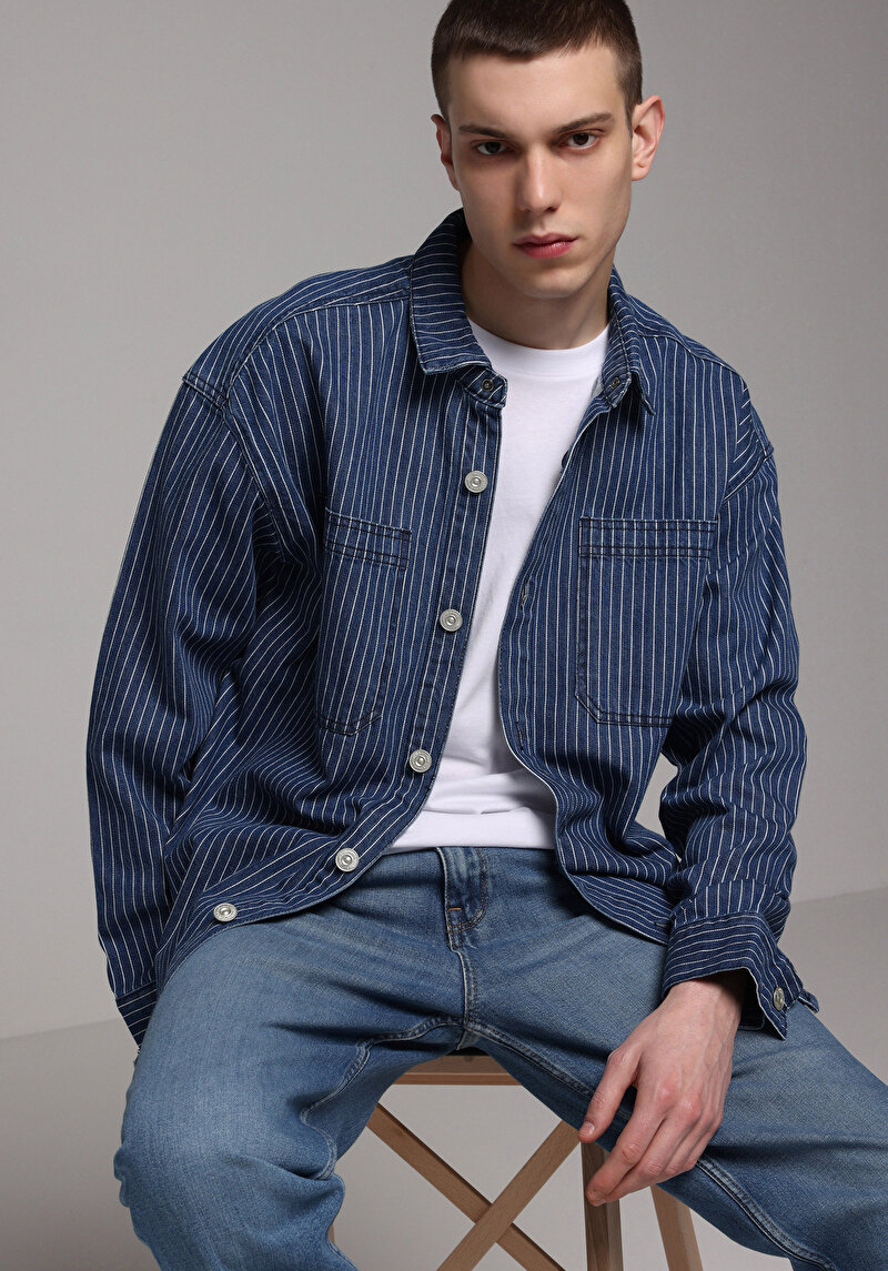 Oversize Fit Erkek Stripe Denim Shacket