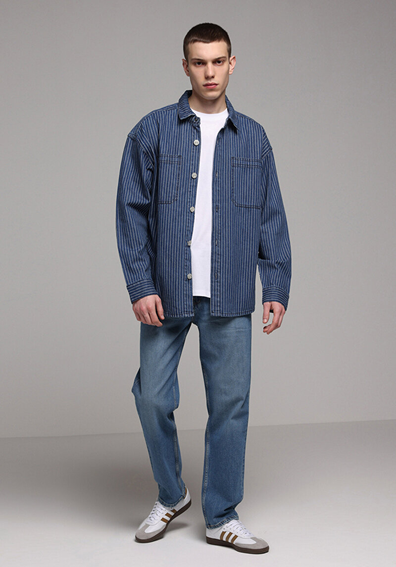Oversize Fit   Erkek Stripe Denim Shacket