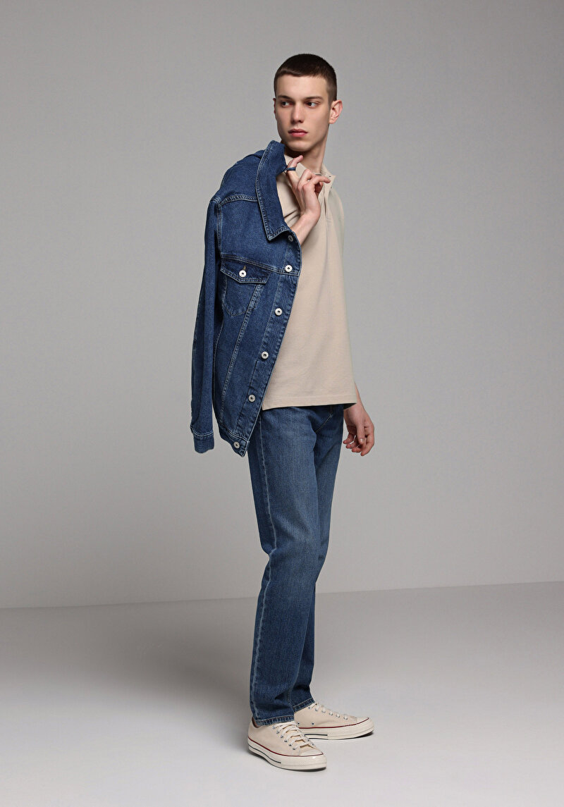 Straight Fit   Erkek Mid İndigo Denim Jean Pantolon