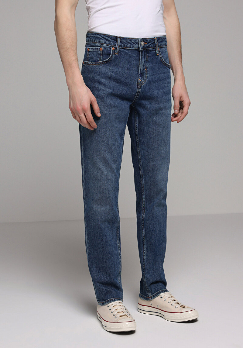 Straight Fit   Erkek Mid İndigo Denim Jean Pantolon