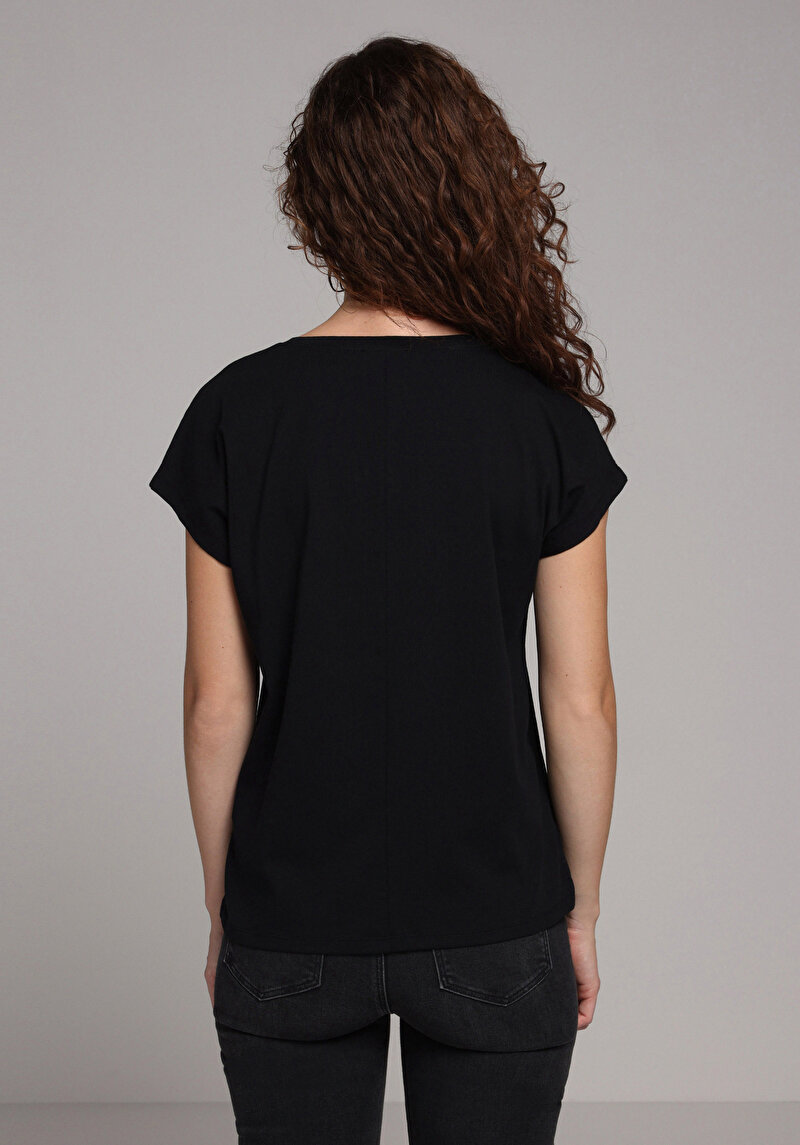 Regular Fit Yuvarlak Yaka Baskılı Kadın Siyah Kısa Kol Tişört