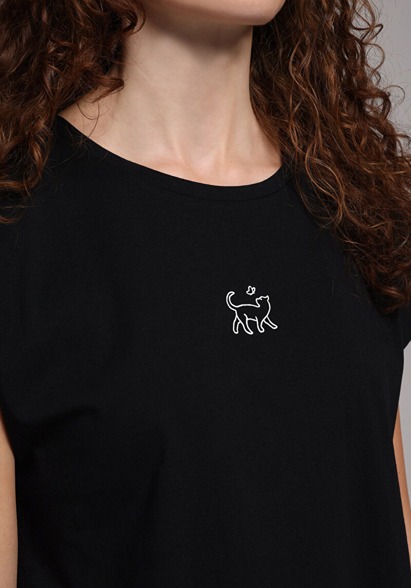 Regular Fit Yuvarlak Yaka Baskılı Kadın Siyah Kısa Kol Tişört