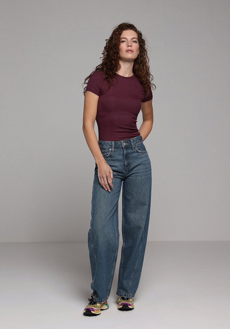 Slim Fit Yuvarlak Yaka Düz Kadın Mor Kısa Kol Tişört