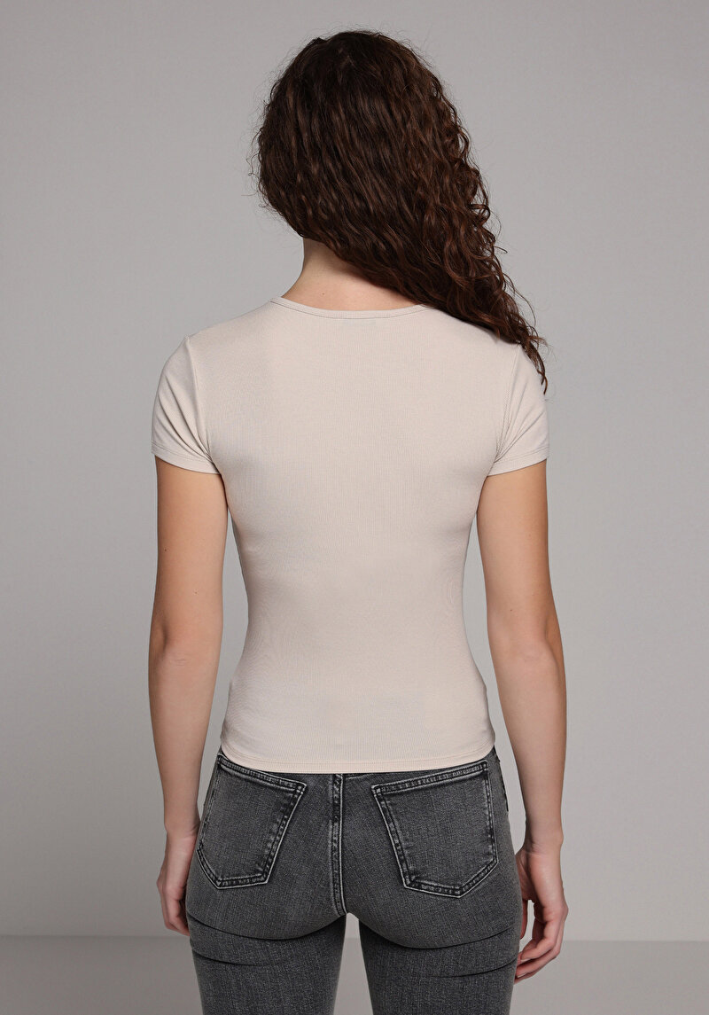 Slim Fit Yuvarlak Yaka Düz Kadın Taş Kısa Kol Tişört