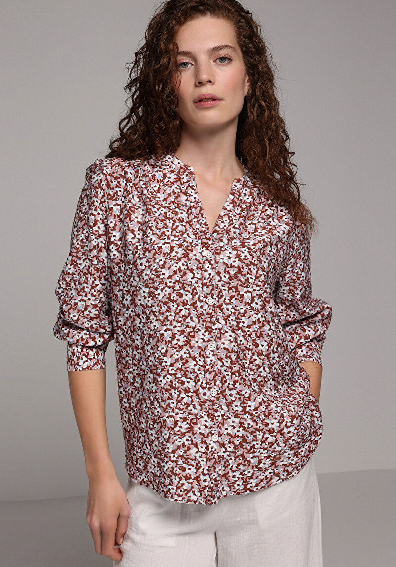 Fashion Fit Yuvarlak Yaka Çiçekli Kadın Kahverengi Uzun Kol Gömlek