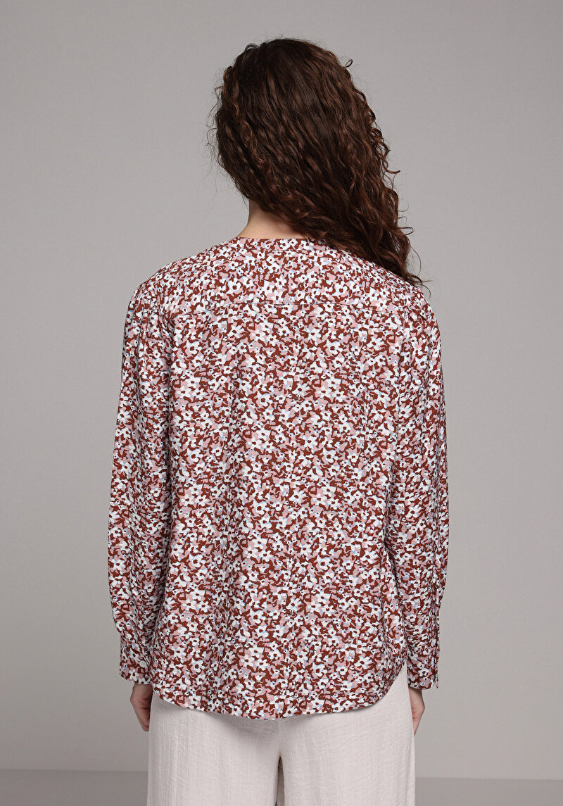 Fashion Fit Yuvarlak Yaka Çiçekli Kadın Kahverengi Uzun Kol Gömlek