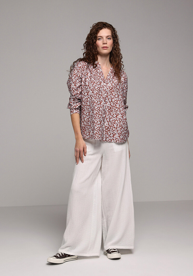 Fashion Fit Yuvarlak Yaka Çiçekli Kadın Kahverengi Uzun Kol Gömlek