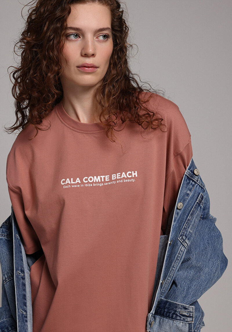 Relax Fit Yuvarlak Yaka Baskılı Kadın Pembe Kısa Kol Tişört