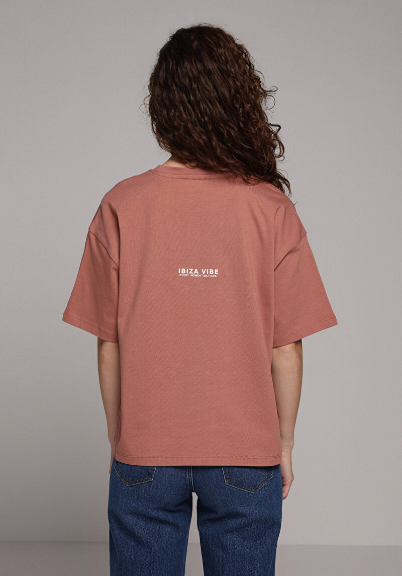 Relax Fit Yuvarlak Yaka Baskılı Kadın Pembe Kısa Kol Tişört