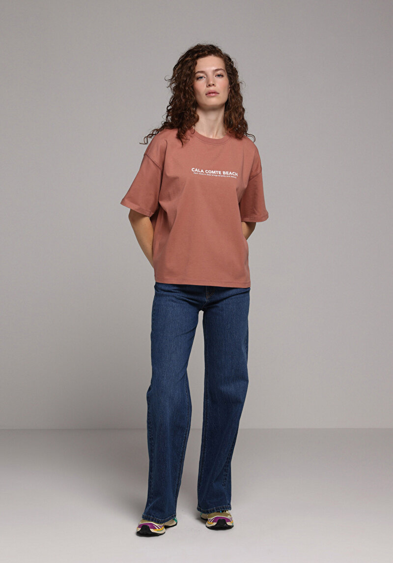 Relax Fit Yuvarlak Yaka Baskılı Kadın Pembe Kısa Kol Tişört