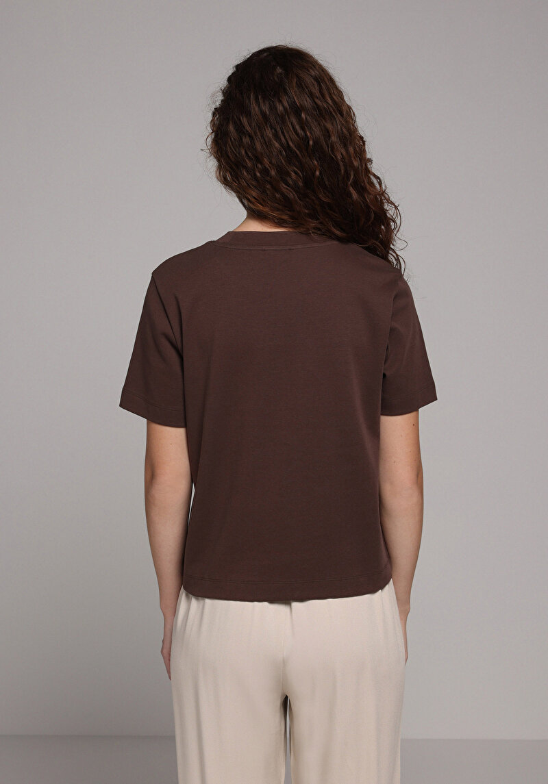 Boxy Fit Yuvarlak Yaka Düz Kadın Kahverengi Kısa Kol Tişört