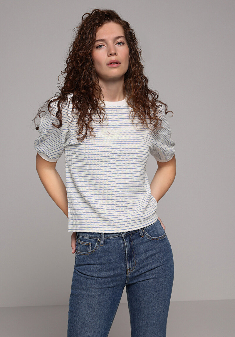 Slim Fit Yuvarlak Yaka Çizgili Kadın Mavi Kısa Kol Tişört