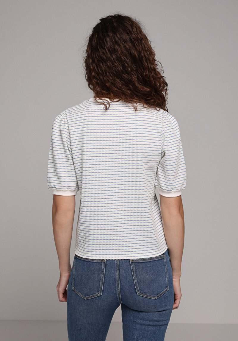 Slim Fit Yuvarlak Yaka Çizgili Kadın Mavi Kısa Kol Tişört