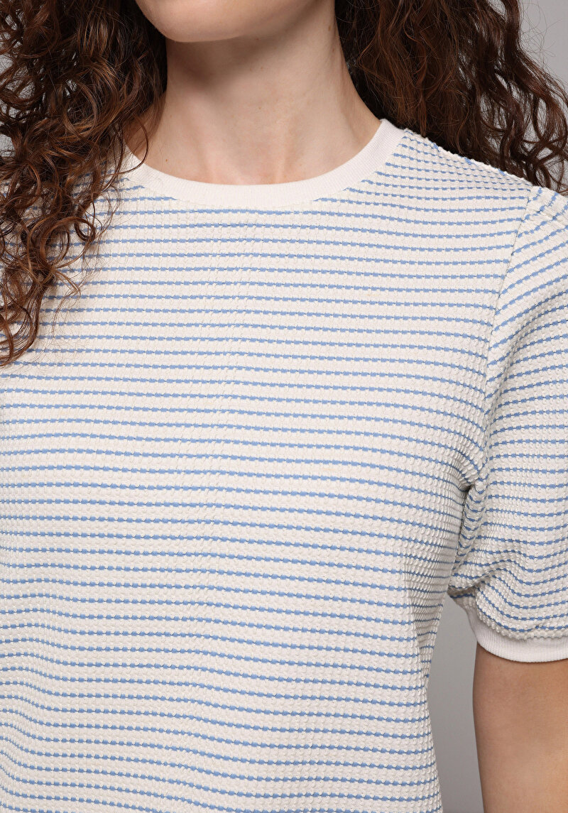 Slim Fit Yuvarlak Yaka Çizgili Kadın Mavi Kısa Kol Tişört