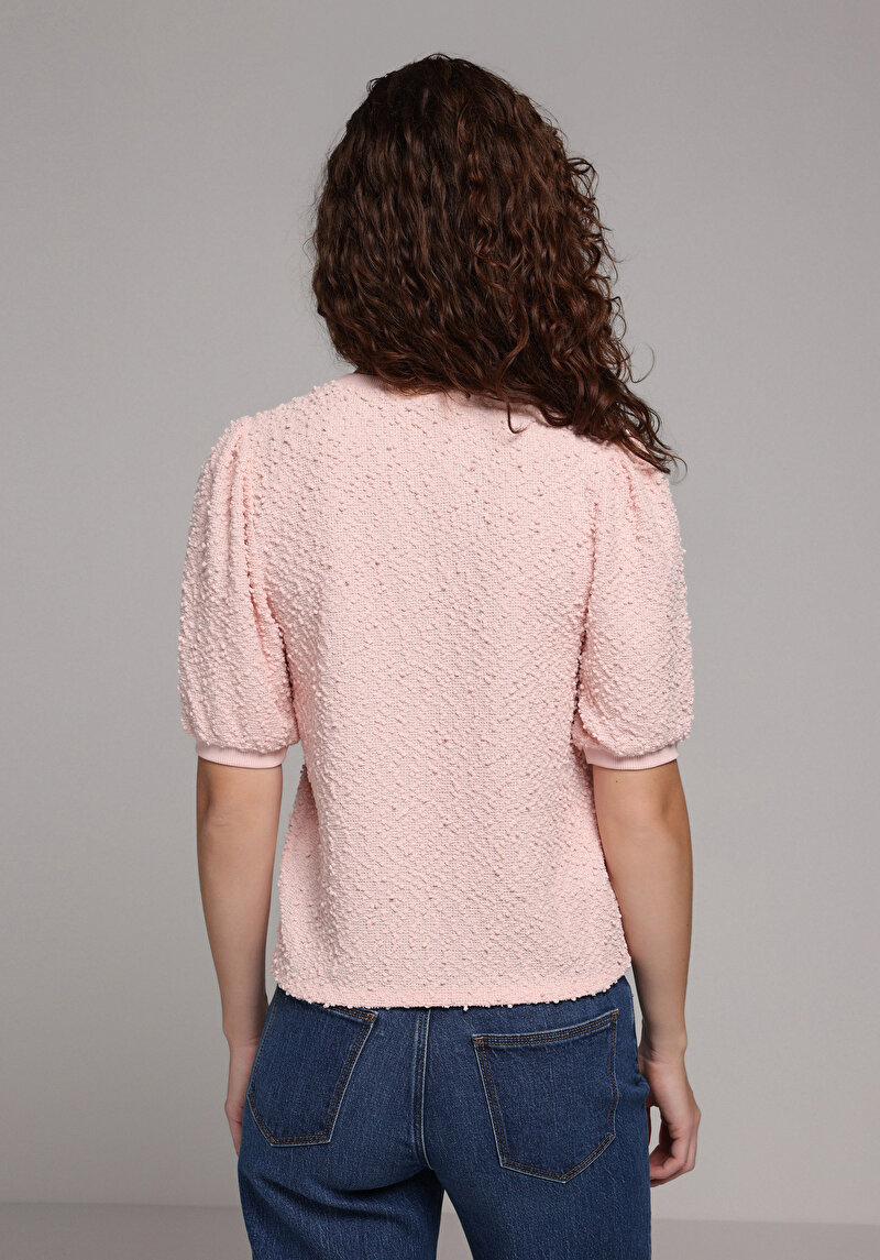 Regular Fit Yuvarlak Yaka Jakarlı Kadın Pembe Kısa Kol Tişört