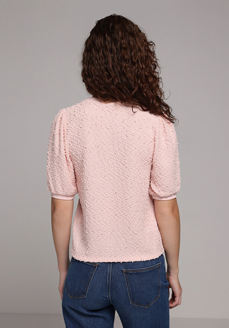 Regular Fit Yuvarlak Yaka Jakarlı Kadın Pembe Kısa Kol Tişört