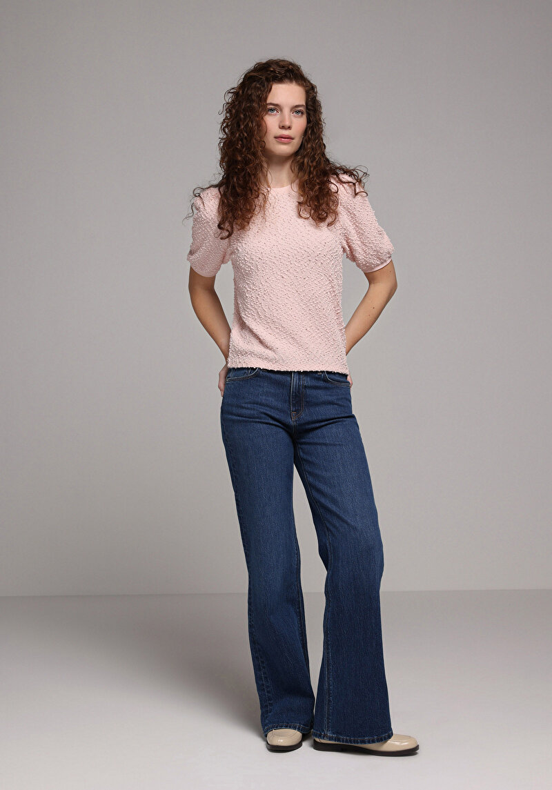 Regular Fit Yuvarlak Yaka Jakarlı Kadın Pembe Kısa Kol Tişört
