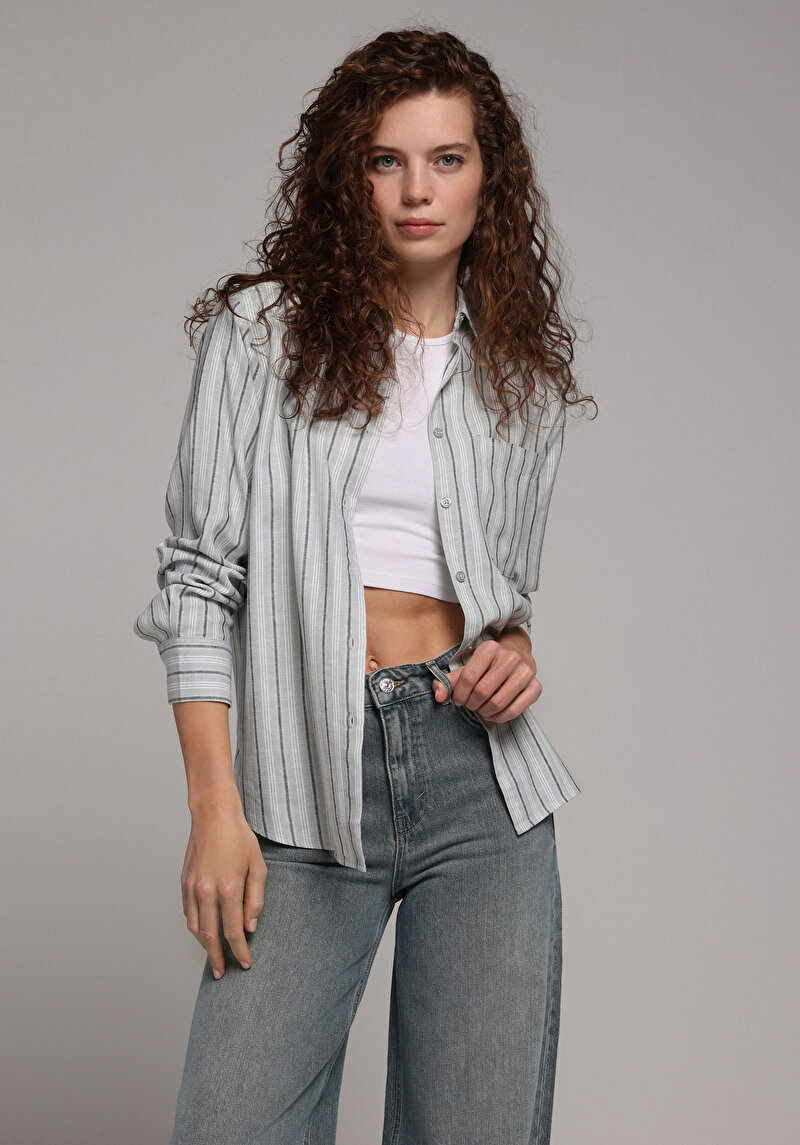 Fashion Fit Shirt Neck Çizgili Kadın Yeşil Uzun Kol Gömlek