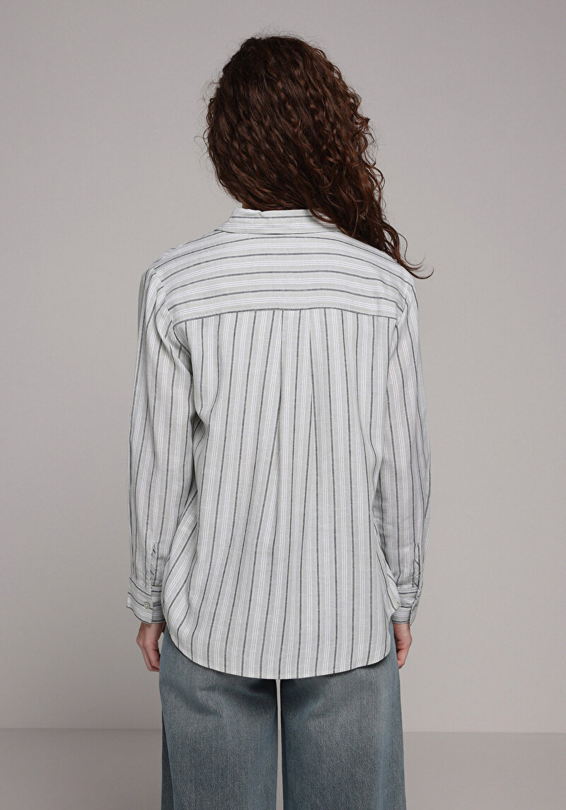 Fashion Fit Shirt Neck Çizgili Kadın Yeşil Uzun Kol Gömlek