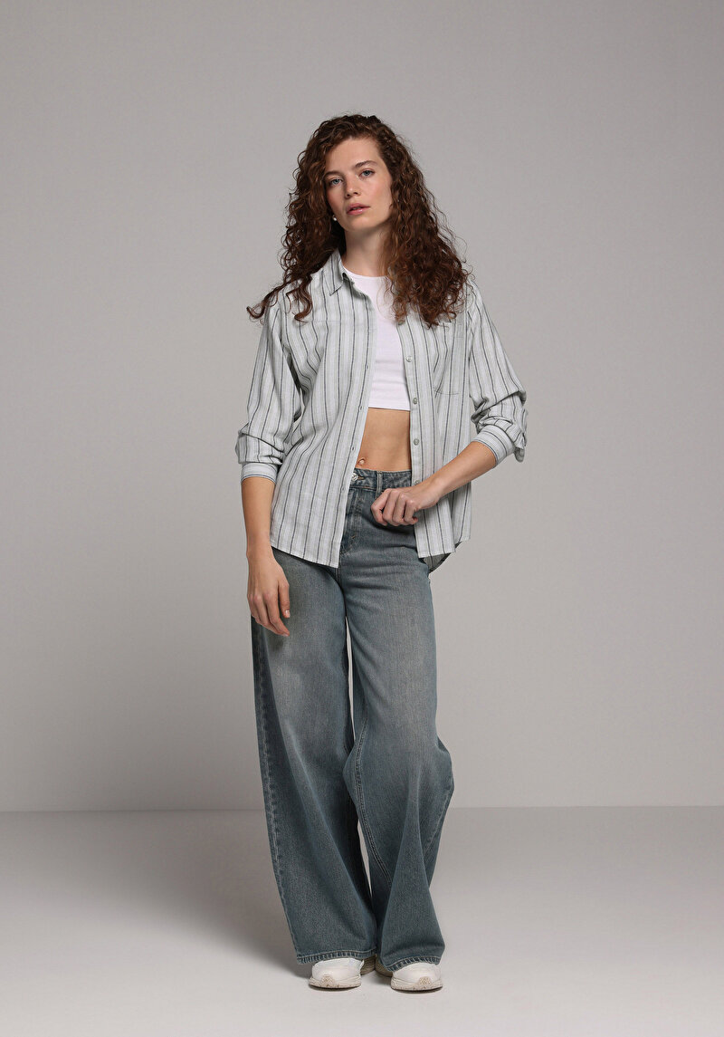 Fashion Fit Shirt Neck Çizgili Kadın Yeşil Uzun Kol Gömlek