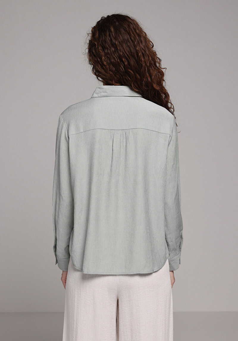 Regular Fit Shirt Neck Düz Kadın Yeşil Uzun Kol Gömlek