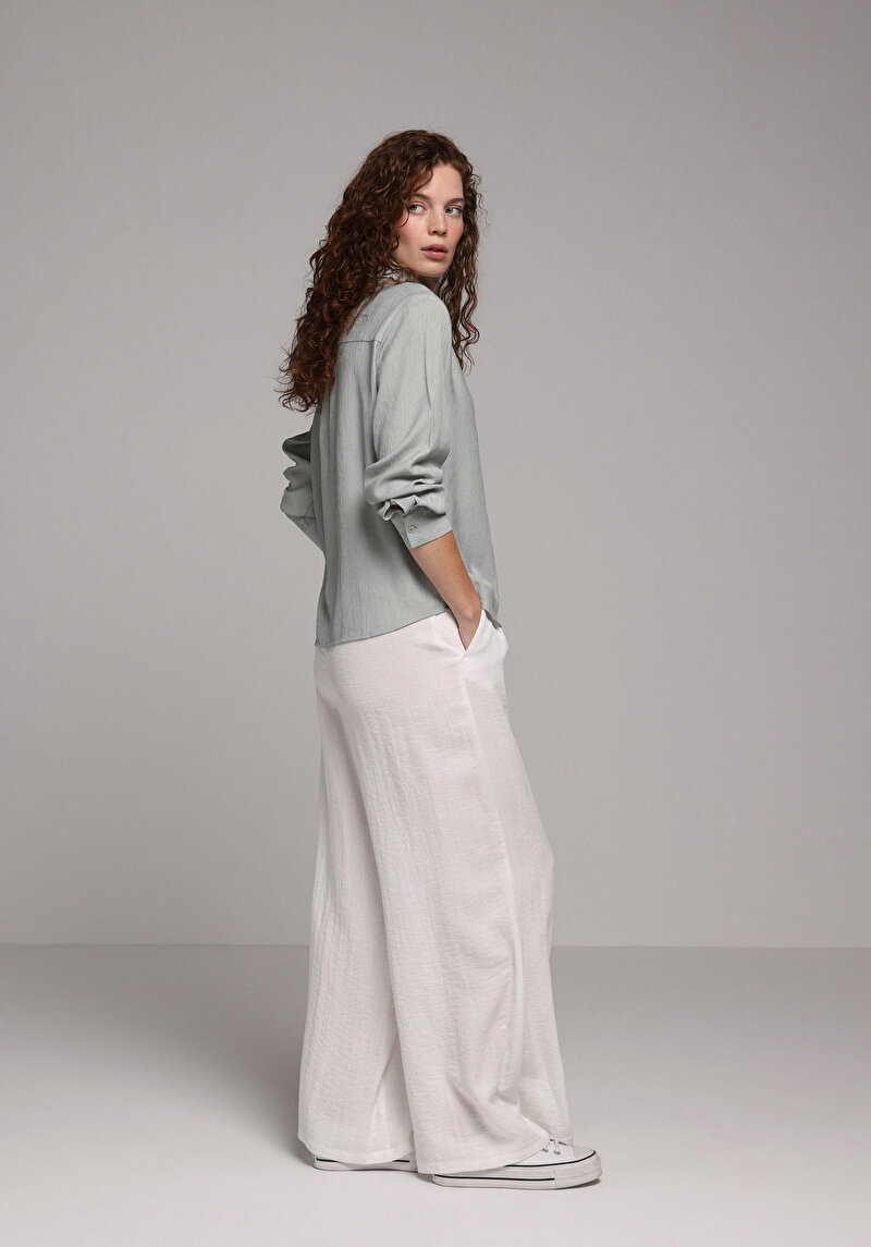 Regular Fit Shirt Neck Düz Kadın Yeşil Uzun Kol Gömlek