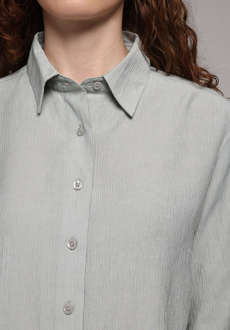 Regular Fit Shirt Neck Düz Kadın Yeşil Uzun Kol Gömlek