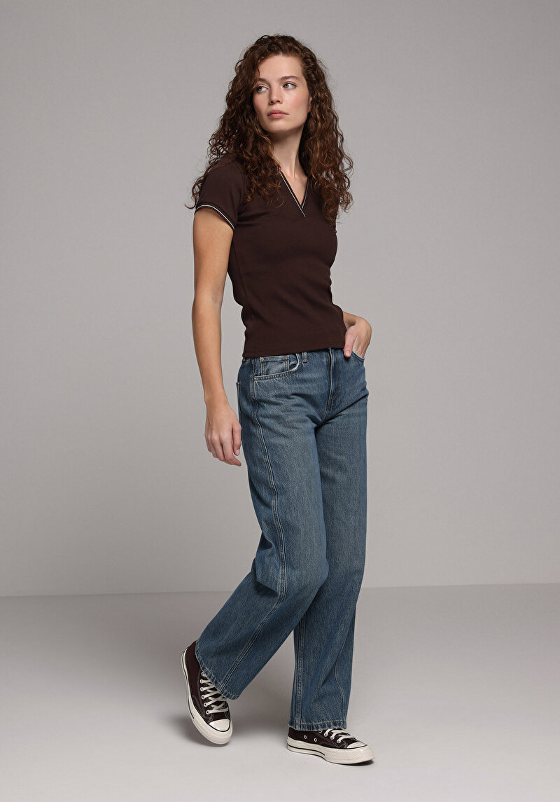 Slim Fit Polo Yaka Düz Kadın Kahverengi Kısa Kol Tişört