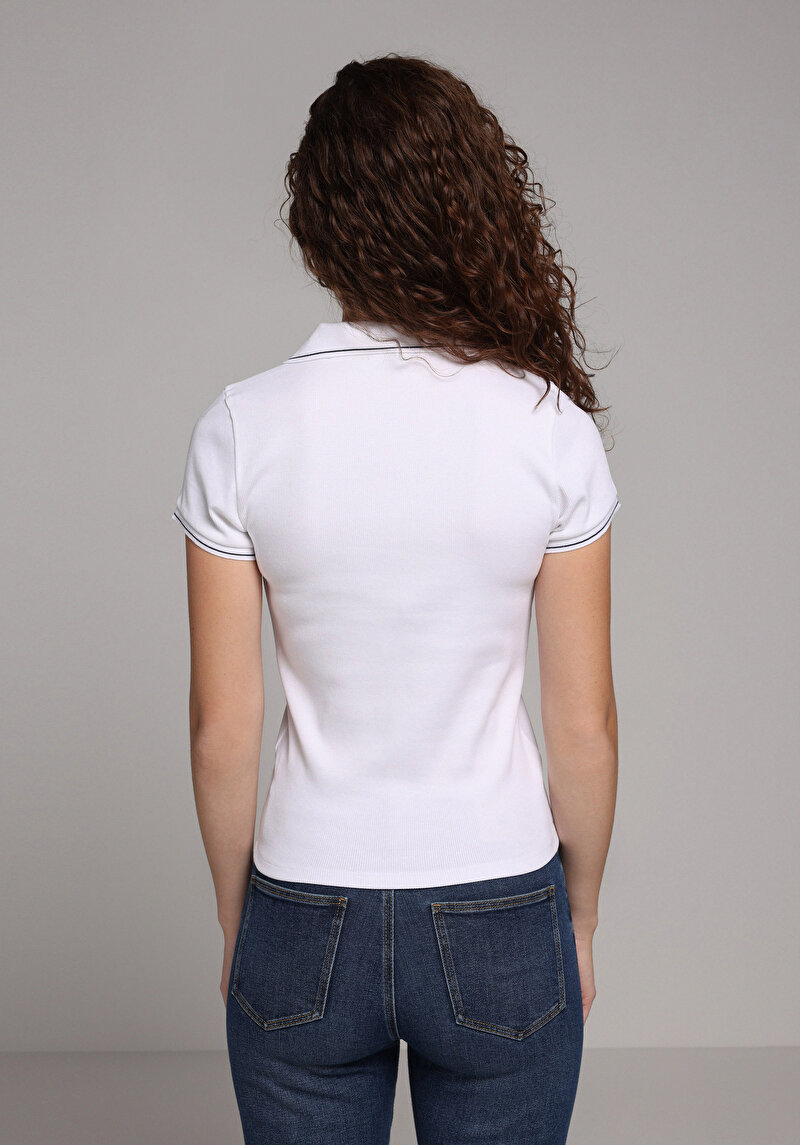 Slim Fit Polo Yaka Düz Kadın Beyaz Kısa Kol Tişört
