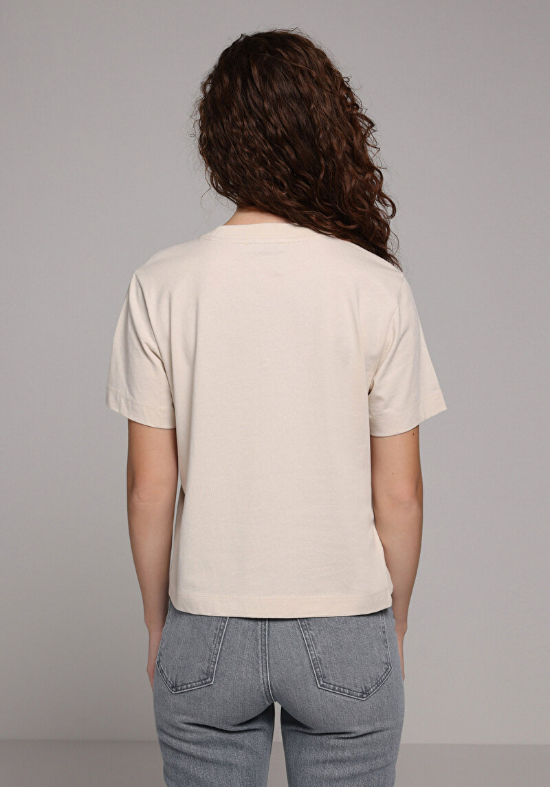 Boxy Fit Yuvarlak Yaka Baskılı Kadın Bej Kısa Kol Tişört
