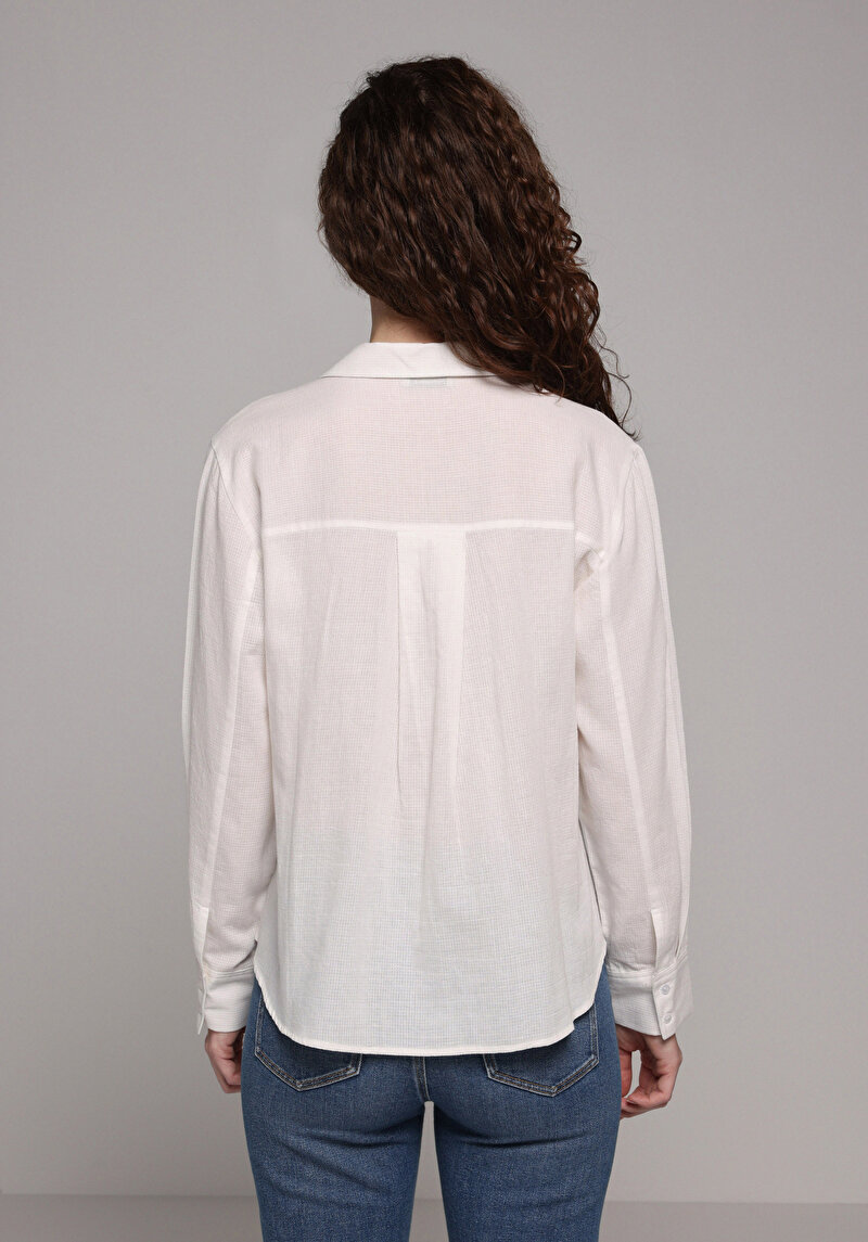 Fashion Fit Shirt Neck Nakışlı Kadın Beyaz Uzun Kol Gömlek