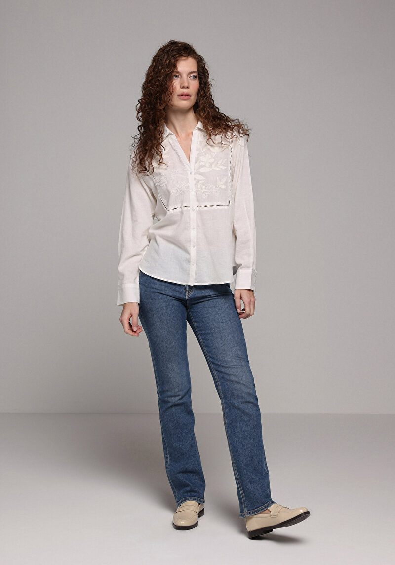 Fashion Fit Shirt Neck Nakışlı Kadın Beyaz Uzun Kol Gömlek