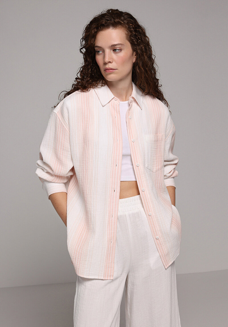 Oversize Shirt Neck Çizgili Kadın Turuncu Uzun Kol Gömlek