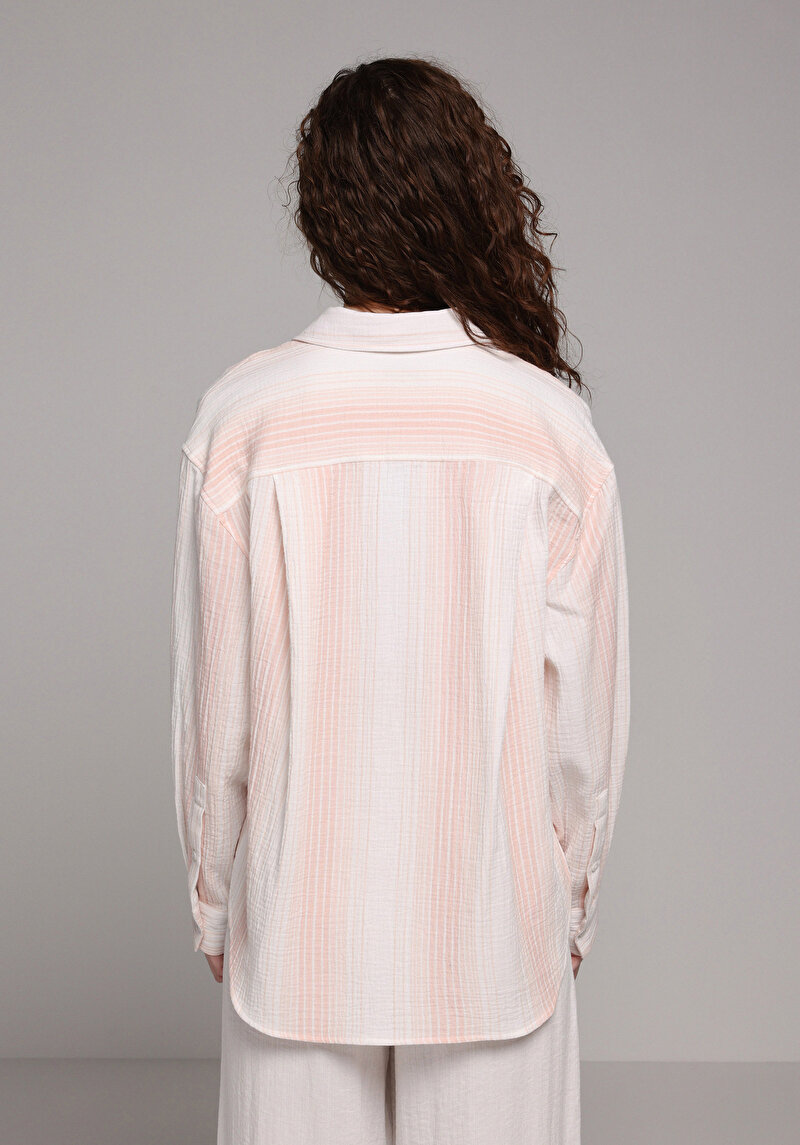 Oversize Shirt Neck Çizgili Kadın Turuncu Uzun Kol Gömlek