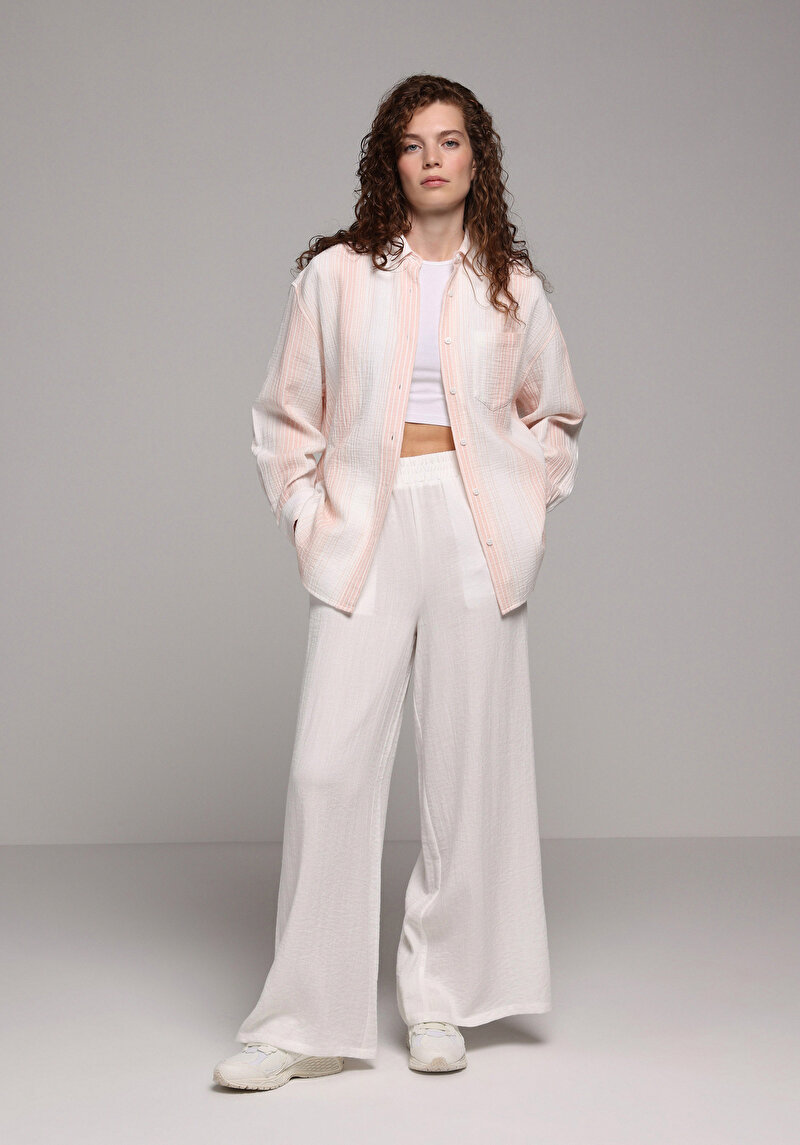 Oversize Shirt Neck Çizgili Kadın Turuncu Uzun Kol Gömlek