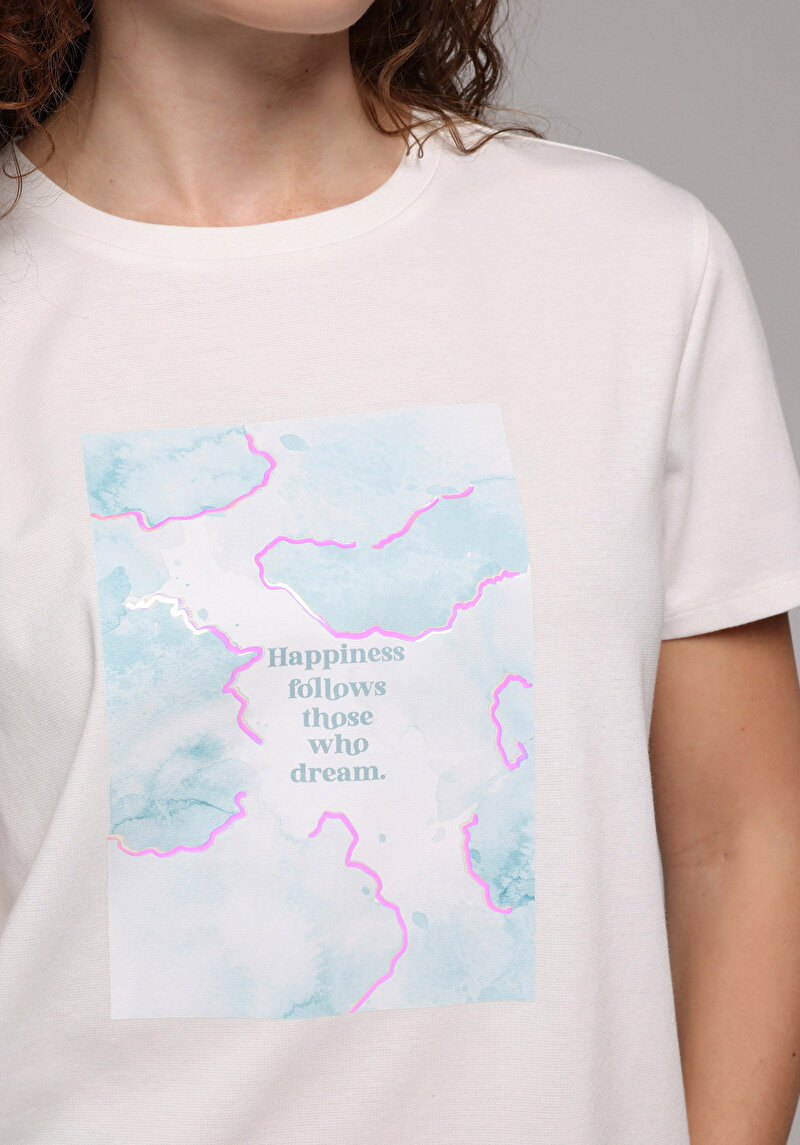 Regular Fit Yuvarlak Yaka Baskılı Kadın Beyaz Kısa Kol Tişört