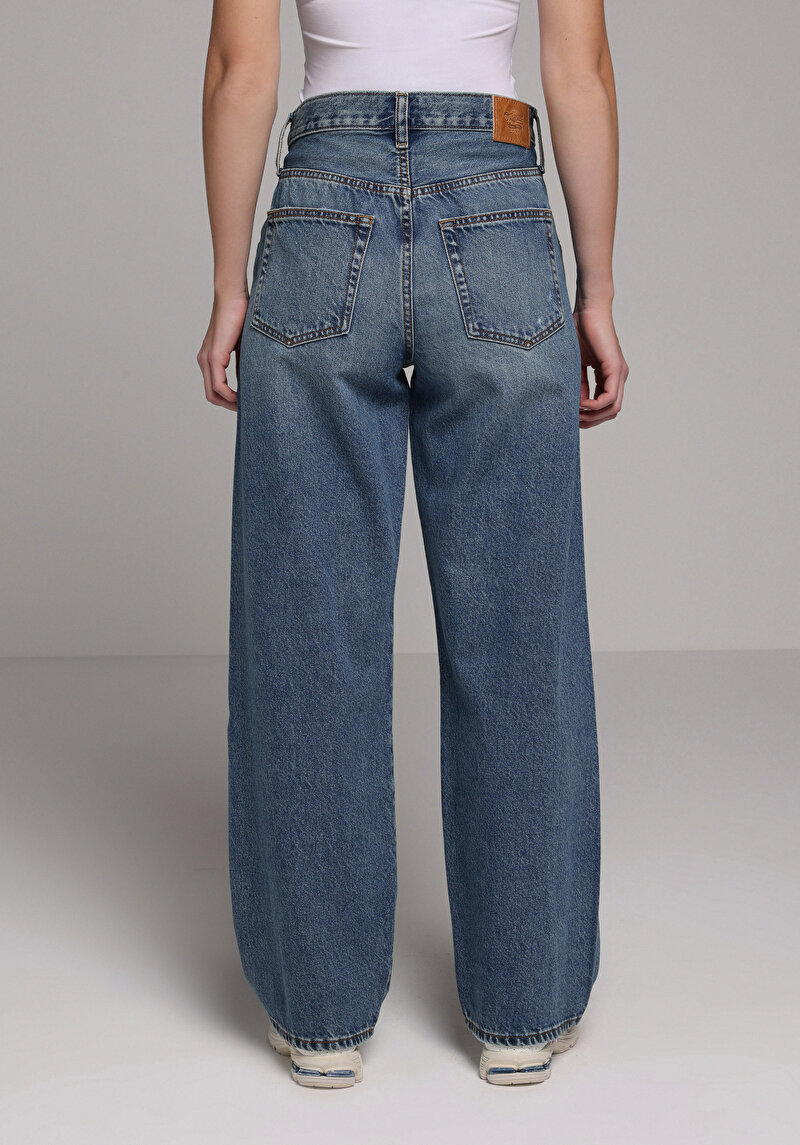 Baggy Fıt Orta Bel Daralan Paça Kadın Mid İndigo Denim Jean Pantolon