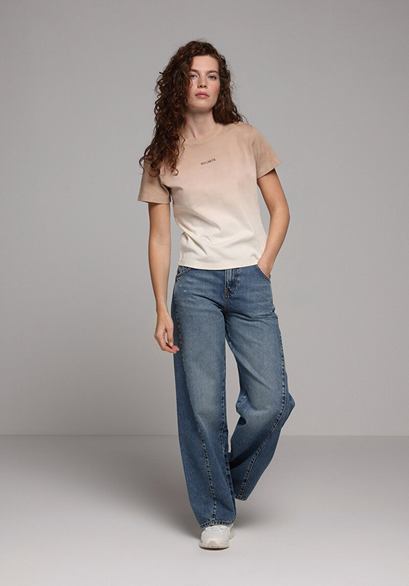 Baggy Fıt Orta Bel Daralan Paça Kadın Mid İndigo Denim Jean Pantolon