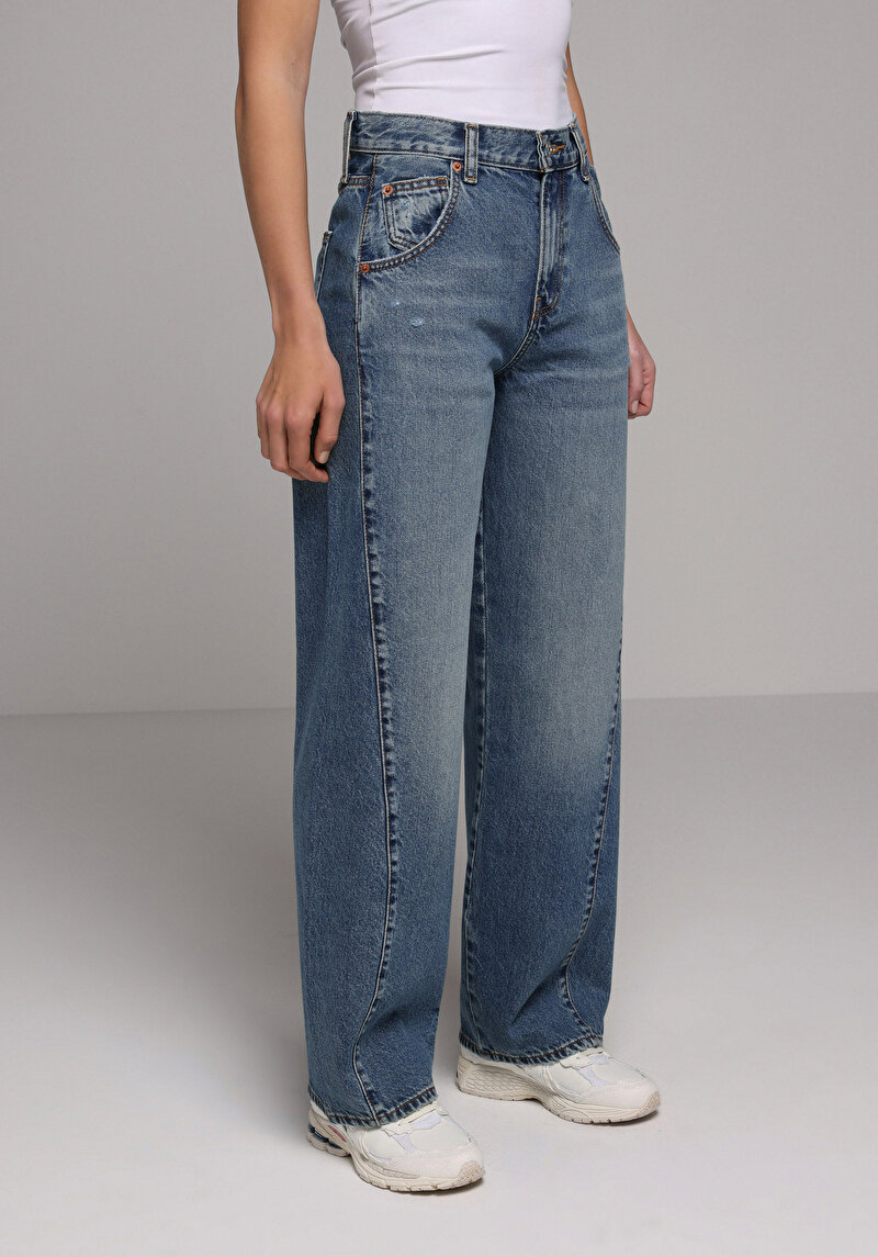 Baggy Fıt Orta Bel Daralan Paça Kadın Mid İndigo Denim Jean Pantolon