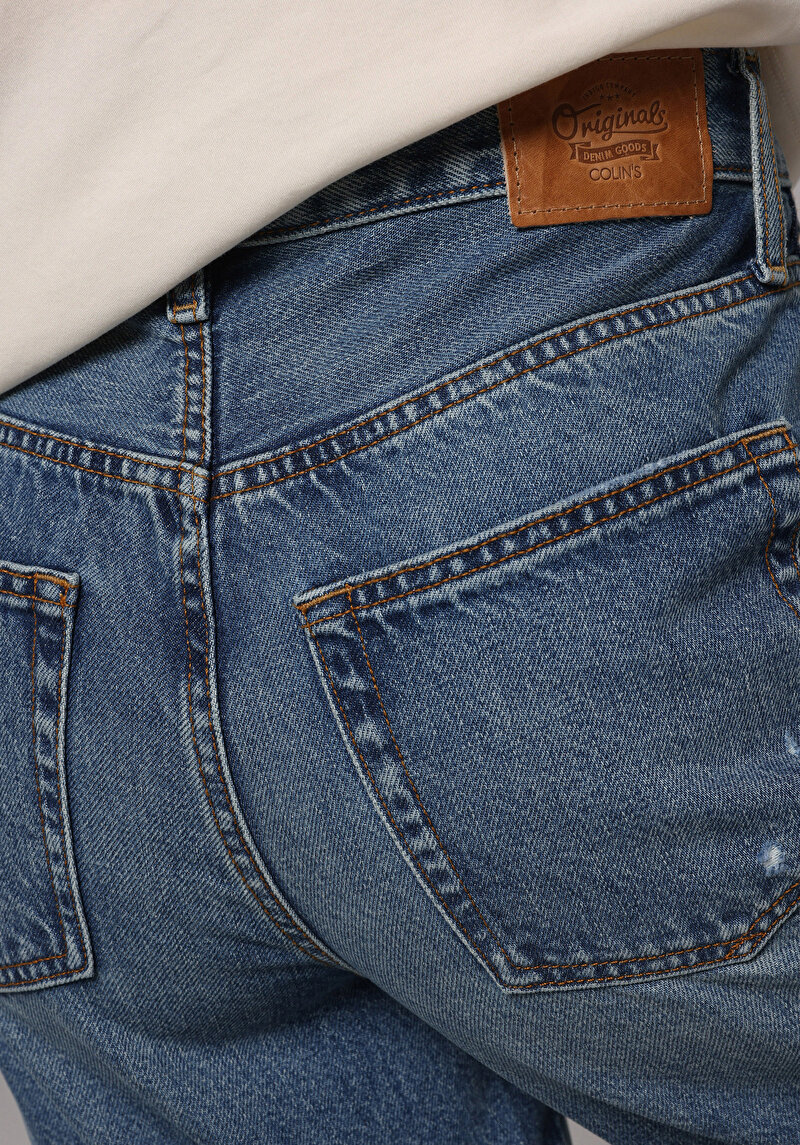 Baggy Fıt Orta Bel Daralan Paça Kadın Mid İndigo Denim Jean Pantolon